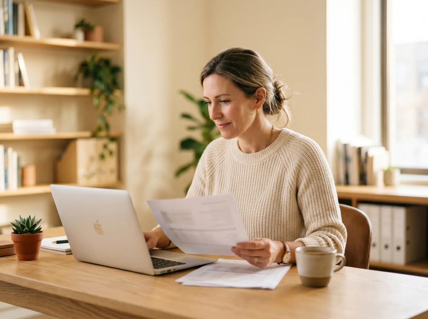 An accounting professional reviewing financial documents beside a laptop in a bright office