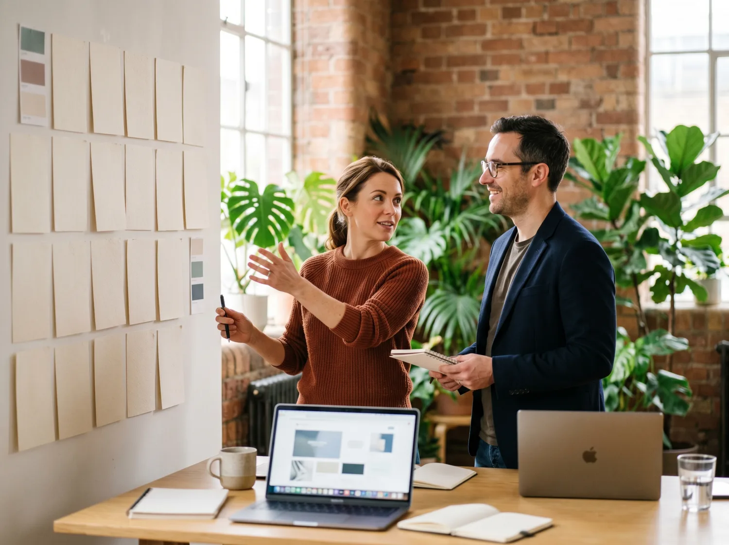 Two agency creatives planning at a mood-board wall in a bright modern studio