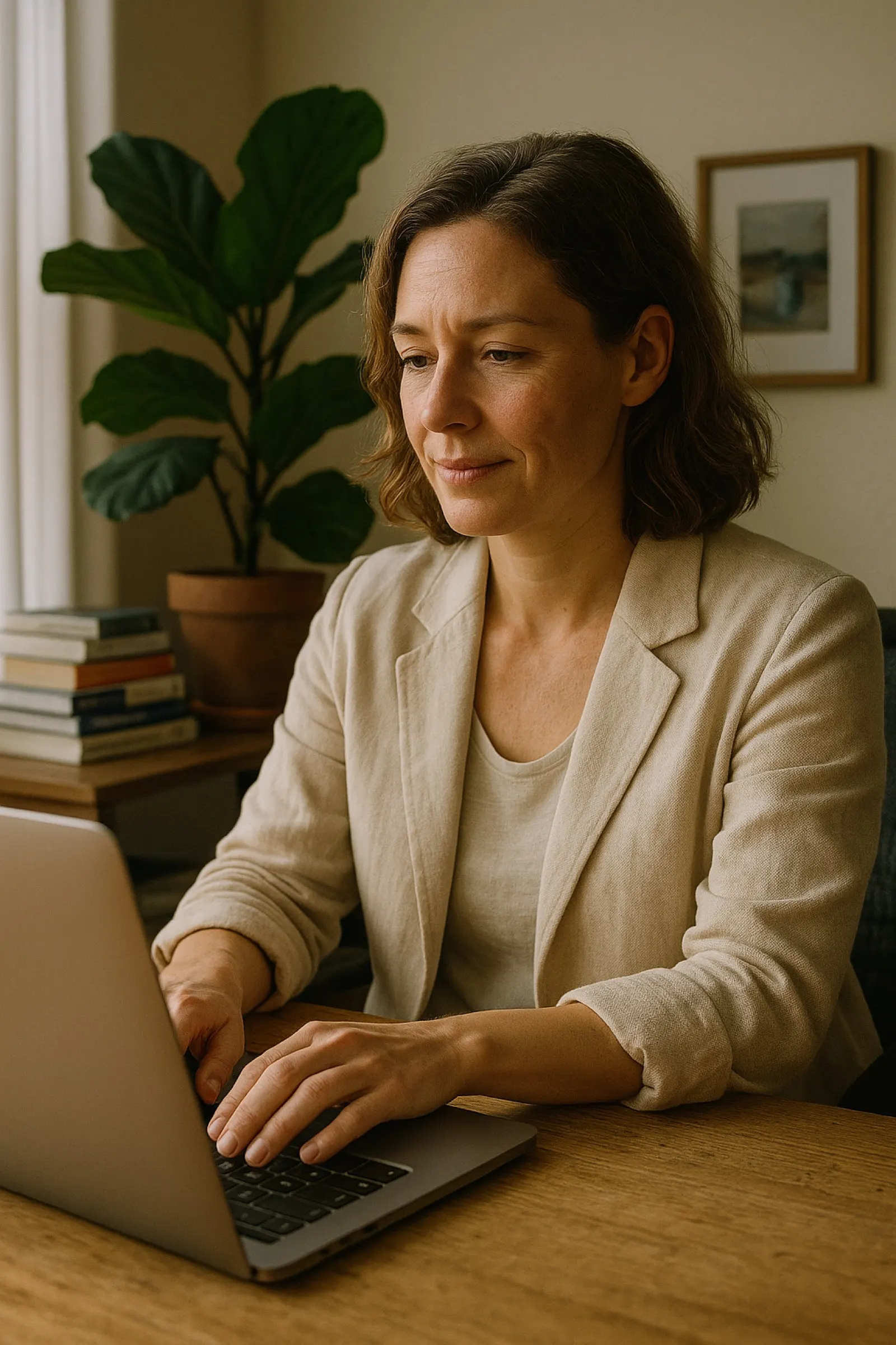 Small business owner working calmly on her laptop in a bright modern office