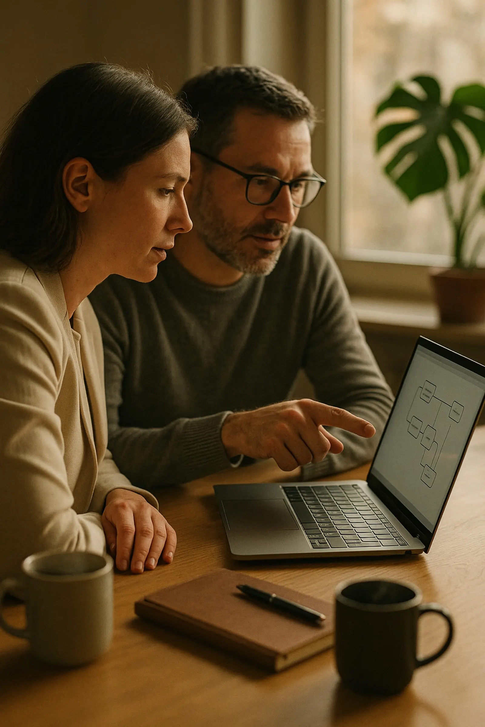 AI coaching session: two people collaborating at a laptop in a bright modern office